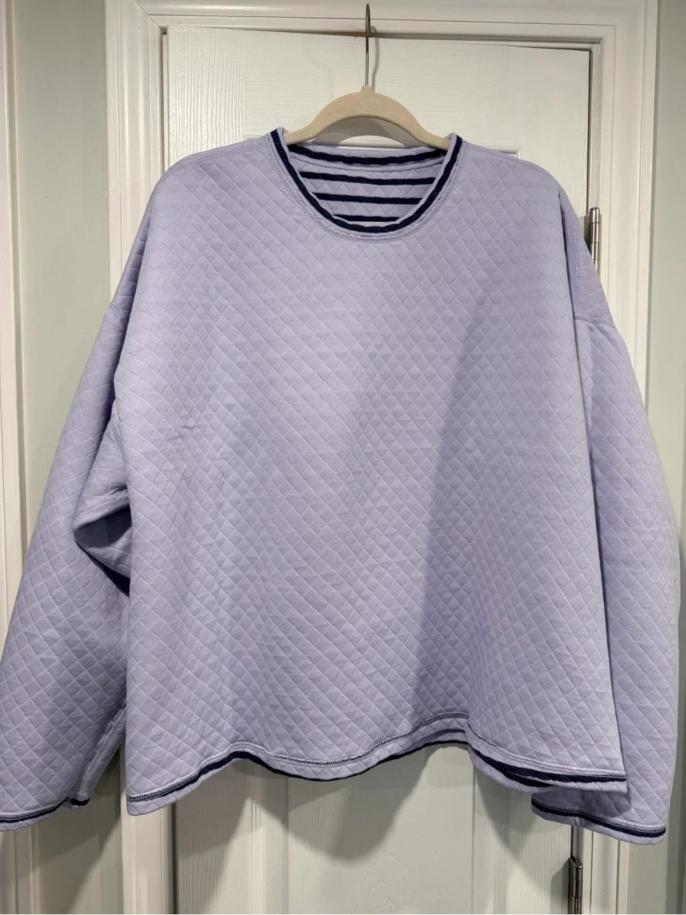 NWOT J. Crew Size 2X Purple Navy Blue Reversible Quilted Striped Crew Sweatshirt